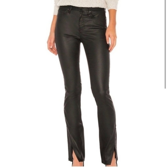 $118 Free People Spellbound Split Hem Black Coated High Rise Jeans - Picture 8 of 16